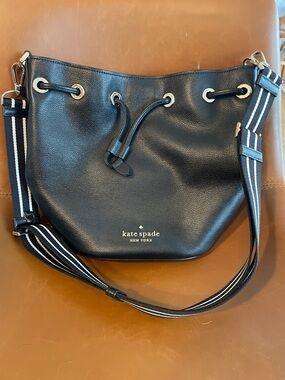 kate spade Black Pebbled Leather Drawstring Crossbody with Striped Strap